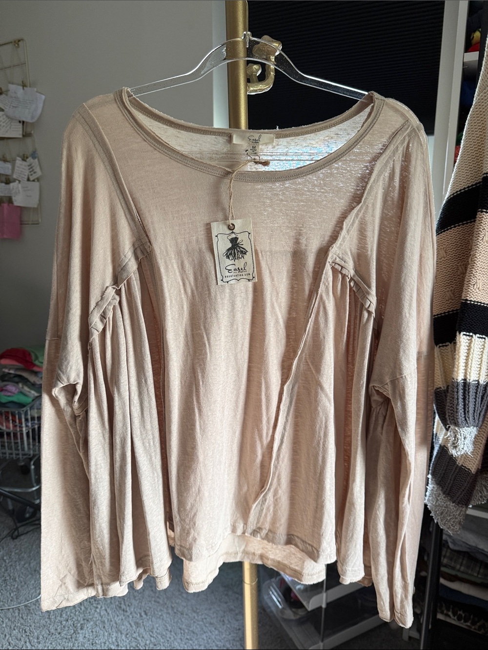 New easel Women's Long Sleeve Peasant Top — Beige medium oversized - Picture 2 of 6